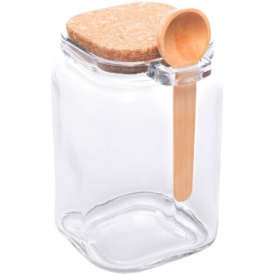 Pote 650ml Quadrado De Vidro Com Tampa De Rolha E Colher De Bambu